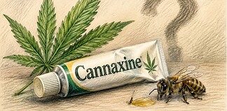 Cannaxine review: de werking is niet bewezen Tube Cannaxine naast hennepbladeren en een bij, als symbool voor onbewezen claims over pijnverlichting door bijengif en CBD.