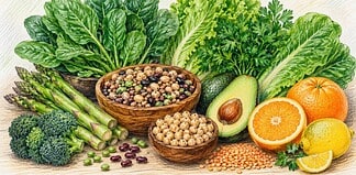 Vitamine B9 (foliumzuur), voeding en gezondheid Groene bladgroenten, peulvruchten en citrusfruit als natuurlijke bronnen van vitamine B9 en folaat.