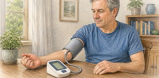 Hoe werkt een bloeddrukmeter precies? Bloeddrukmeter met manchet om een bovenarm tijdens een rustige meting aan tafel