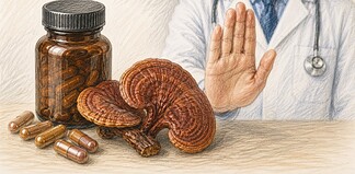Reishi-supplement van Verdon Capite beoordeeld Potje met reishi-supplementcapsules naast gedroogde reishi-paddenstoelen op een neutrale achtergrond