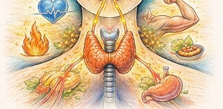 Schildklier en afvallen: feiten, fabels en nuance Illustratie van de schildklier in de hals met aanduiding van hormoonwerking en invloed op stofwisseling en energieverbruik.