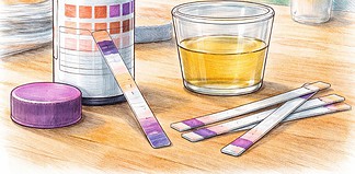 Ketonstrips bij Atkins en keto: zinvol of misleidend Ketonteststrip met kleurverandering van lichtroze naar paars naast een verpakking, gebruikt bij een koolhydraatarm dieet.