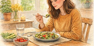 Mindful eten en afvallen zonder dieetstress Persoon eet rustig aan tafel zonder afleiding en let bewust op smaak, textuur en verzadiging tijdens de maaltijd.