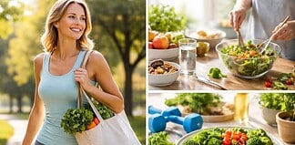Op gewicht blijven na afvallen zonder jojo-effect Persoon met boodschappentas vol groente, gezonde maaltijd en lichte krachttraining als symbool voor op gewicht blijven na afvallen