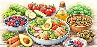 Vezels en darmgezondheid bij koolhydraatarm eten Groenterijke koolhydraatarme maaltijd met vezelrijke ingrediënten zoals groenten, noten en zaden ter ondersteuning van de darmgezondheid.