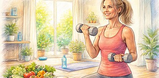 Afvallen tijdens de overgang: wat echt werkt Vrouw van middelbare leeftijd die krachttraining doet in rustige omgeving, symbool voor afvallen en gezond blijven tijdens de overgang.