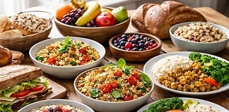 Hoeveel koolhydraten per dag zijn passend Kleurenpotloodtekening van maaltijden met verschillende hoeveelheden koolhydraten zoals groenten, brood, fruit en granen.