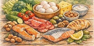 Wat betekent koolhydraatarm eten precies? Voedingsmiddelen met laag koolhydraatgehalte zoals groenten, eieren, vis, noten en zuivel op een eenvoudig gedekte tafel.