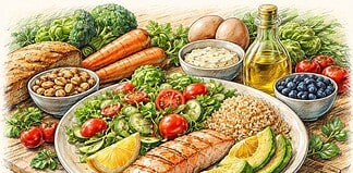 Koolhydraten minderen en afvallen uitgelegd Illustratie van een bord met groenten, eiwitten en kleinere portie koolhydraten als visuele uitleg van koolhydraten minderen bij afvallen.