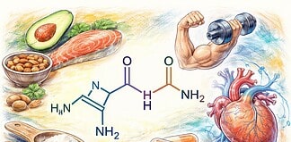 L-arginine: werking, voordelen en wetenschap tructuurformule van L-arginine met stikstofgroepen, schematisch weergegeven tegen neutrale achtergrond ter illustratie van aminozuurfunctie.
