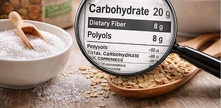 Netto koolhydraten uitgelegd: wat tel je wel en niet Voedingsetiket met koolhydraten, vezels en polyolen ter verduidelijking van netto koolhydraatberekening.