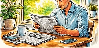 Altijd de zonnige kant zien van het dagelijks leven Een man leest geconcentreerd de krant bij daglicht, symbool voor reflectie, perspectief en het herwaarderen van dagelijkse zorgen.