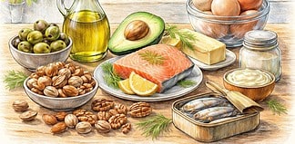 Vetten bij low-carb: wat werkt echt en waarom Overzicht van verschillende vetbronnen bij low-carb zoals olijfolie, avocado, noten, vette vis en boter op een keukentafel