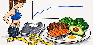 Plateaus bij het Atkins-dieet doorbreken Meetlint en weegschaal naast koolhydraatarme maaltijd tijdens een plateau bij het Atkins-dieet