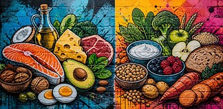 Keto vs koolhydraatarm: belangrijkste verschil Koolhydraatarm en keto voeding met groenten, vis, noten en vetrijke producten overzichtelijk gepresenteerd
