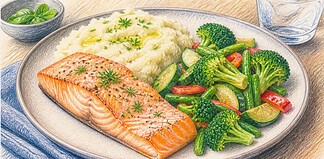Koolhydraatarm avondeten zonder pasta rijst aardappelen Bord met zalm, bloemkoolpuree en groene groente als voorbeeld van een koolhydraatarme avondmaaltijd zonder pasta rijst of aardappelen