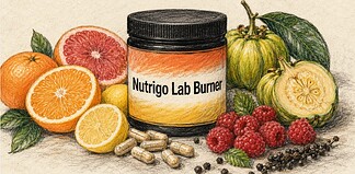 Nutrigo Lab Burner review: werkt deze fatburner? Pot Nutrigo Lab Burner met capsules naast citrusvruchten, Garcinia cambogia, frambozen en zwarte peper.