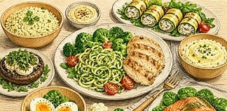 Atkins-dieet: koolhydraatarme vervangers Koolhydraatarme maaltijd met groenten, eiwitrijke producten en vervangers voor brood, pasta, rijst en aardappel