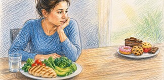 Koolhydraattrek bij koolhydraatarm eten Persoon kijkt naar gezonde maaltijd terwijl zoete snacks op afstand liggen