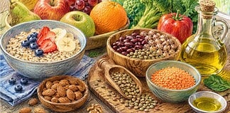 Cholesterol verlagen met voeding en leefstijl Gezonde voeding met haver, peulvruchten, fruit en olijfolie ter ondersteuning van een lager LDL-cholesterol.