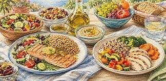 Mediterraan en DASH-dieet voor gezondheid Mediterrane maaltijd met groenten, volkoren granen, vis en olijfolie naast een zoutarm DASH-gerecht.